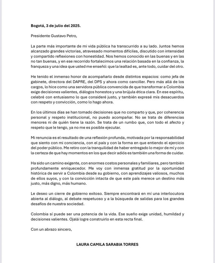 Laura Sarabia se despide de Petro tras años de cercanía y servicio público